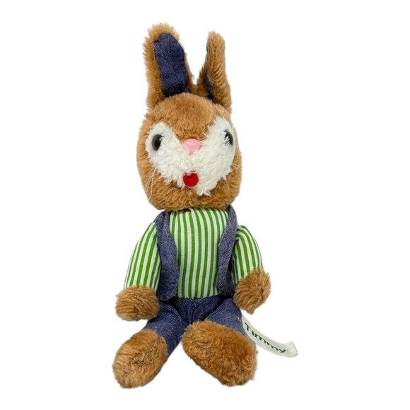Timmy Bunny Plush Stuffed Animal Toy Green Striped Shirt Blue Overalls Vintage - Picture 1 of 8